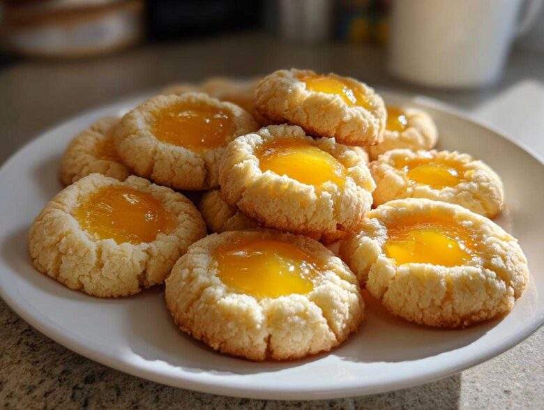 A close-up of several golden Lemon Curd Thumbprint Cookies piled on a white plate, featuring bright yellow centers.