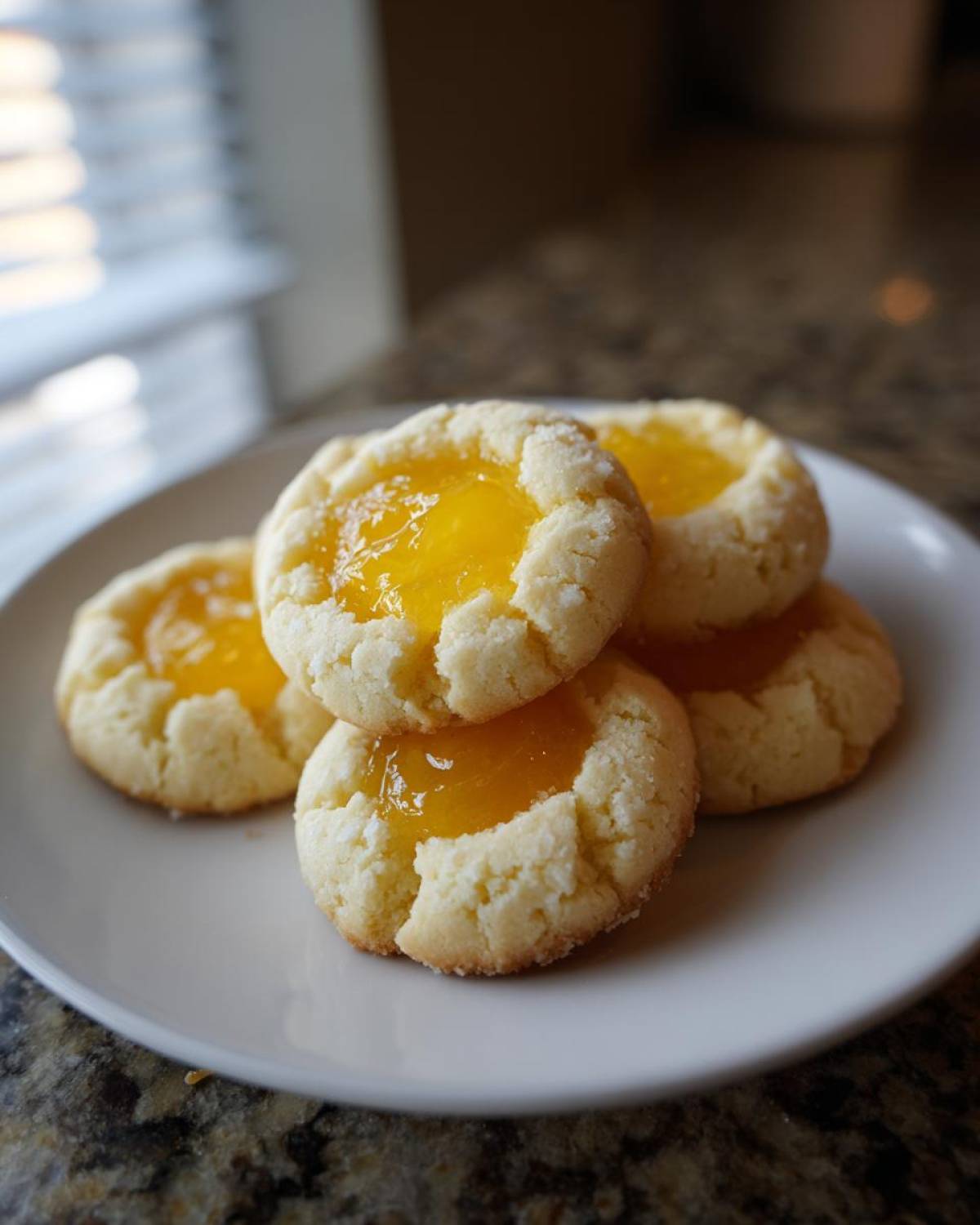 A stack of five bright, buttery Lemon Curd Thumbprint Cookies with glistening yellow filling on a white plate.