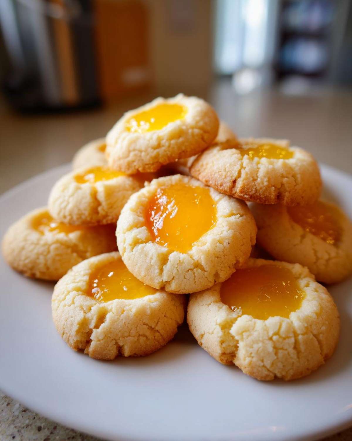 A stack of freshly baked Lemon Curd Thumbprint Cookies with bright yellow filling on a white plate.