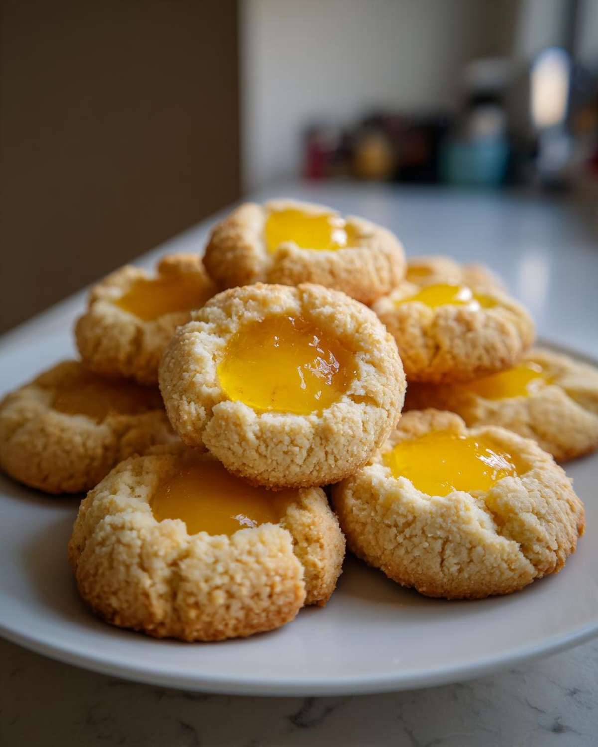 A close-up stack of freshly baked Lemon Curd Thumbprint Cookies with bright yellow centers.