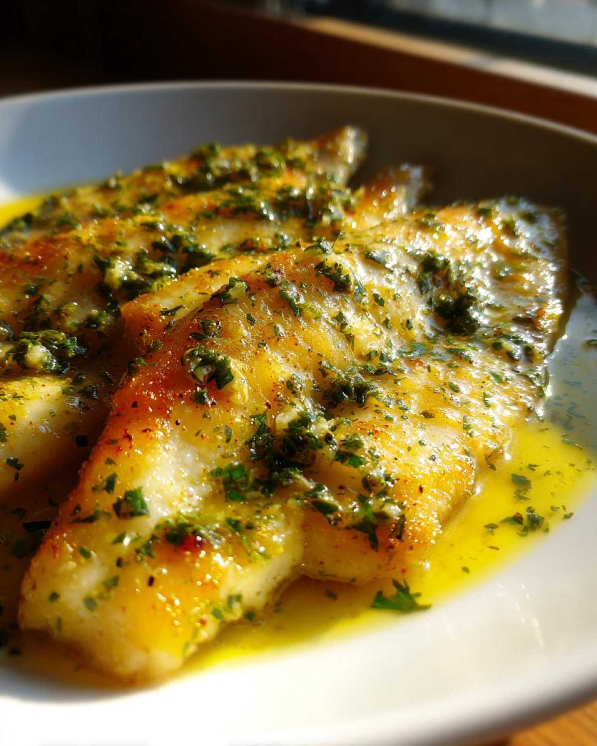 Close-up of perfectly cooked Lemon Garlic Butter Tilapia fillets covered in bright yellow butter sauce and fresh green parsley.
