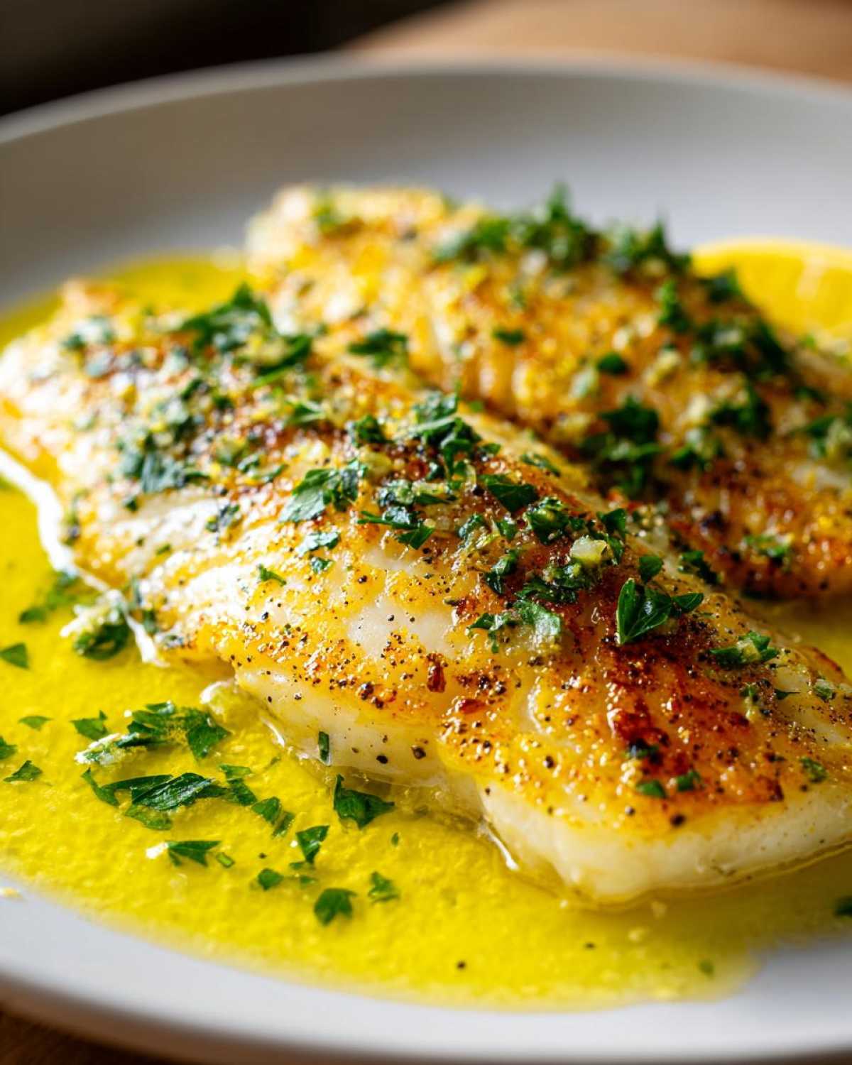 Close-up of two pan-seared Lemon Garlic Butter Tilapia fillets swimming in bright yellow butter sauce, topped with parsley.