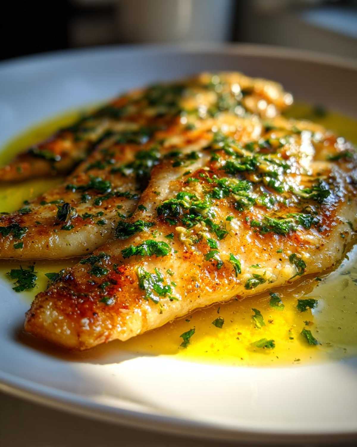 Two golden-brown Lemon Garlic Butter Tilapia fillets swimming in bright yellow butter sauce and topped with fresh green parsley.