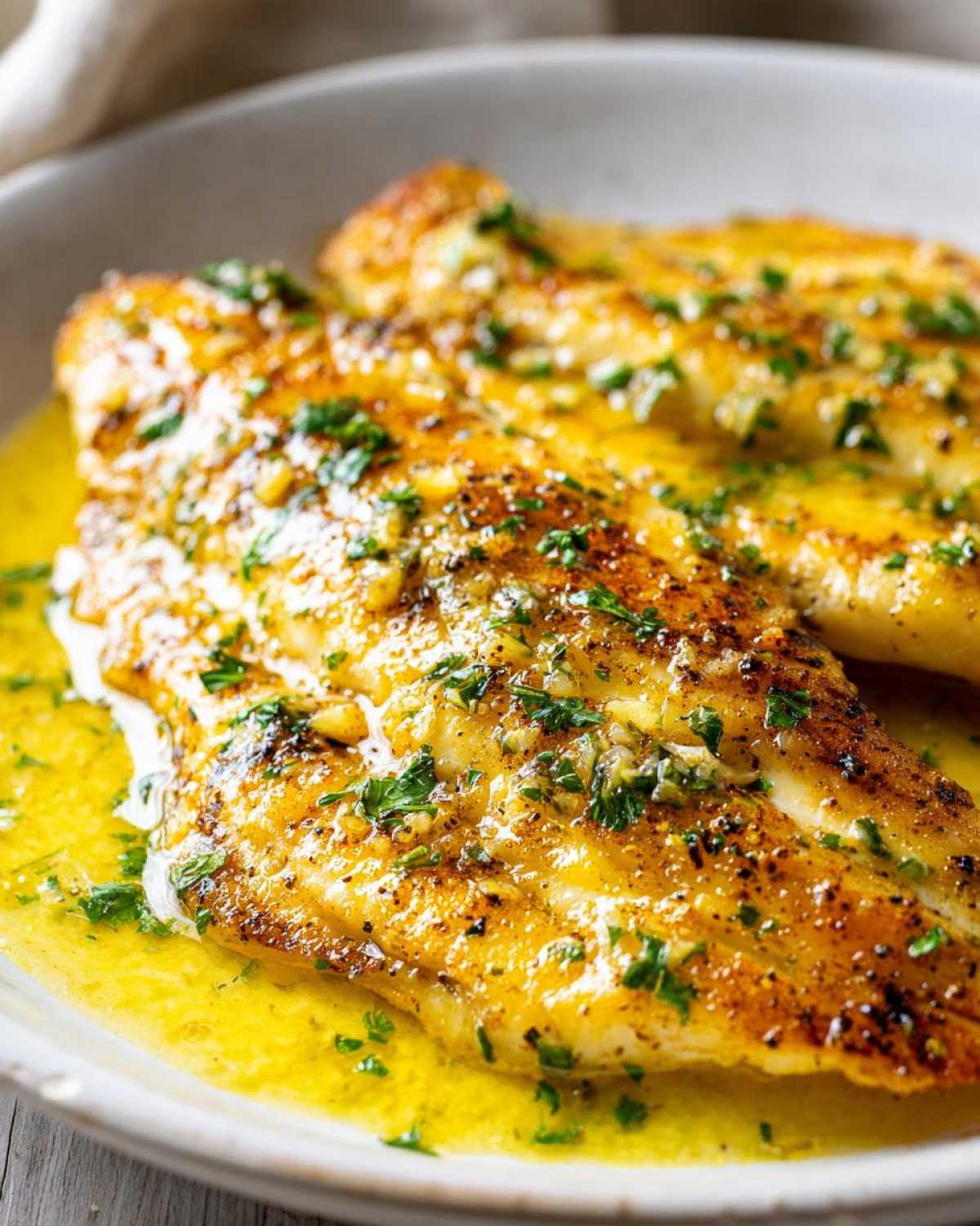 Close-up of two pan-seared Lemon Garlic Butter Tilapia fillets covered in melted butter sauce and fresh parsley.