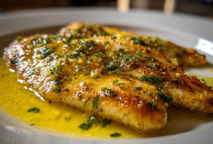 Close-up of pan-seared Lemon Garlic Butter Tilapia fillets swimming in rich, bright yellow butter sauce topped with herbs.