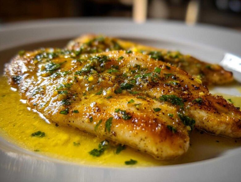 Close-up of pan-seared Lemon Garlic Butter Tilapia fillets swimming in rich, bright yellow butter sauce topped with herbs.