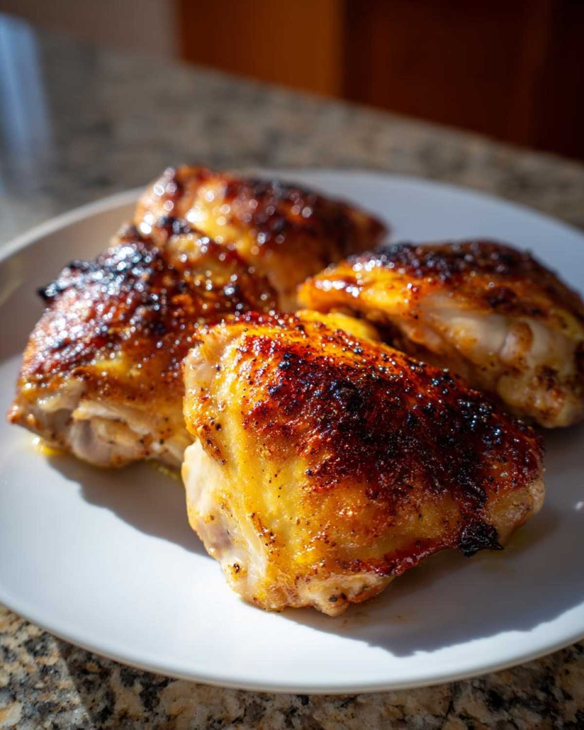 Four perfectly cooked Lemon Garlic Roasted Chicken Thighs with crispy, browned skin served on a white plate.