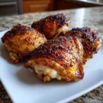 Four crispy, golden-brown Lemon Garlic Roasted Chicken Thighs served on a white plate.