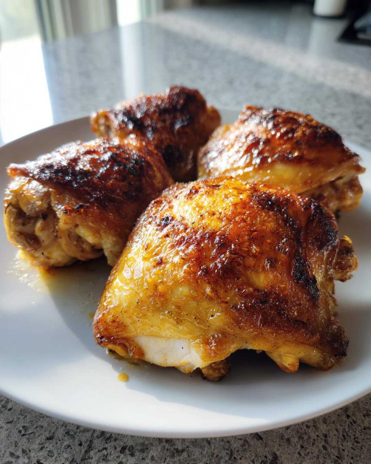 Four pieces of crispy, golden-brown Lemon Garlic Roasted Chicken Thighs served on a white plate.