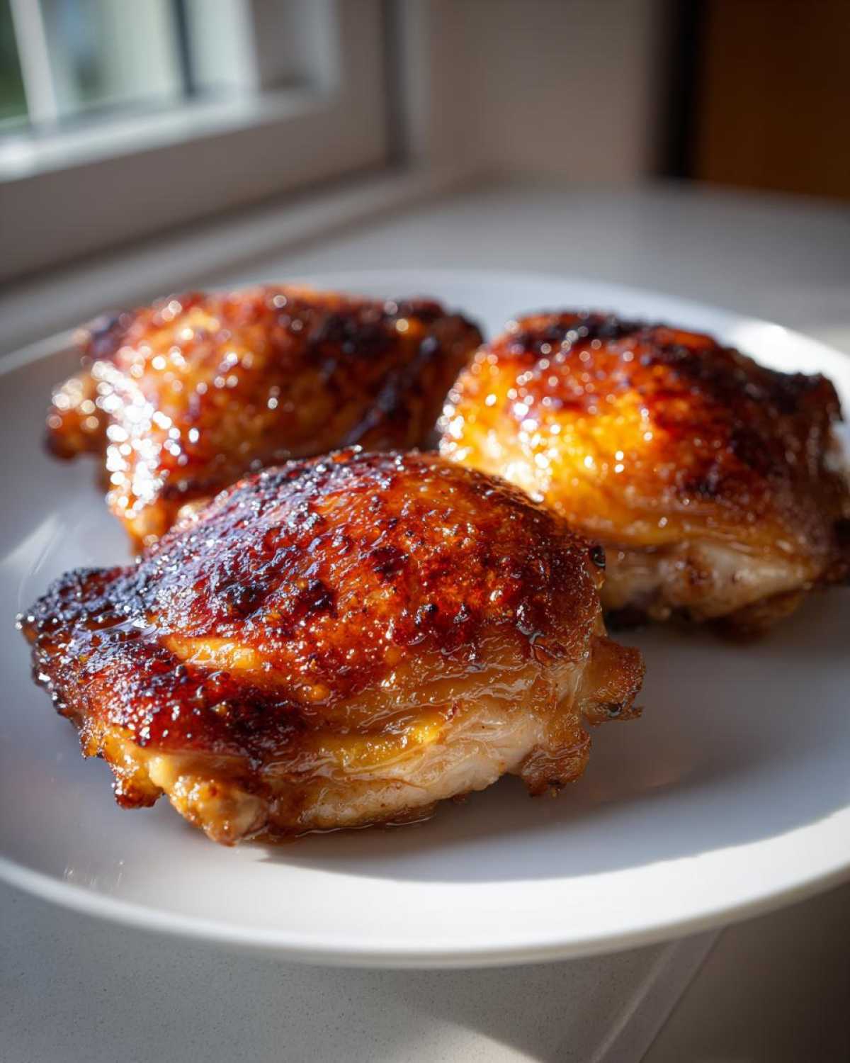 Three glistening, caramelized Lemon Garlic Roasted Chicken Thighs resting on a white plate near a window.