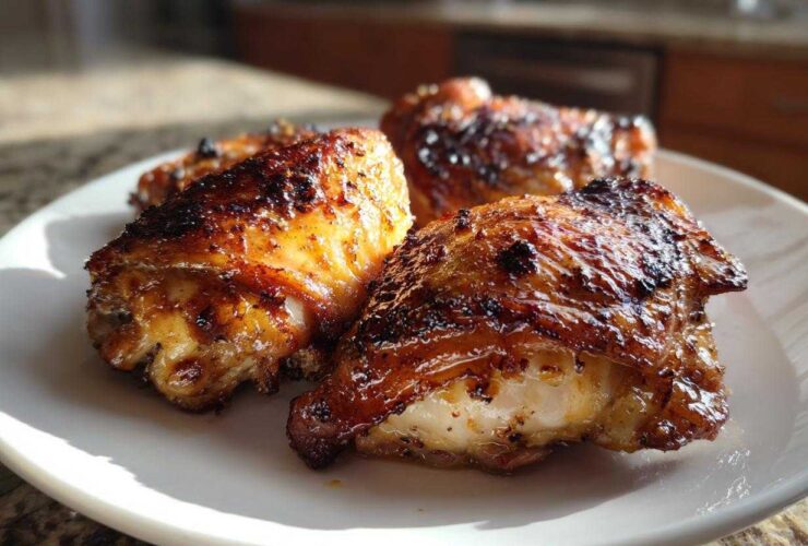 Close-up of three beautifully caramelized Lemon Garlic Roasted Chicken Thighs on a white plate.
