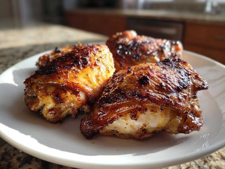 Close-up of three beautifully caramelized Lemon Garlic Roasted Chicken Thighs on a white plate.