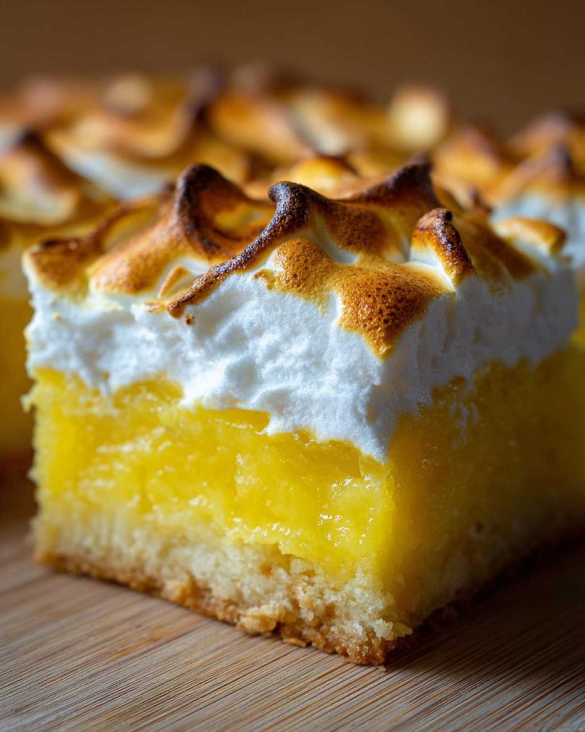 A close-up, side view of a single serving of Lemon Meringue Pie Bars showing the shortbread crust, bright yellow lemon filling, and torched meringue topping.