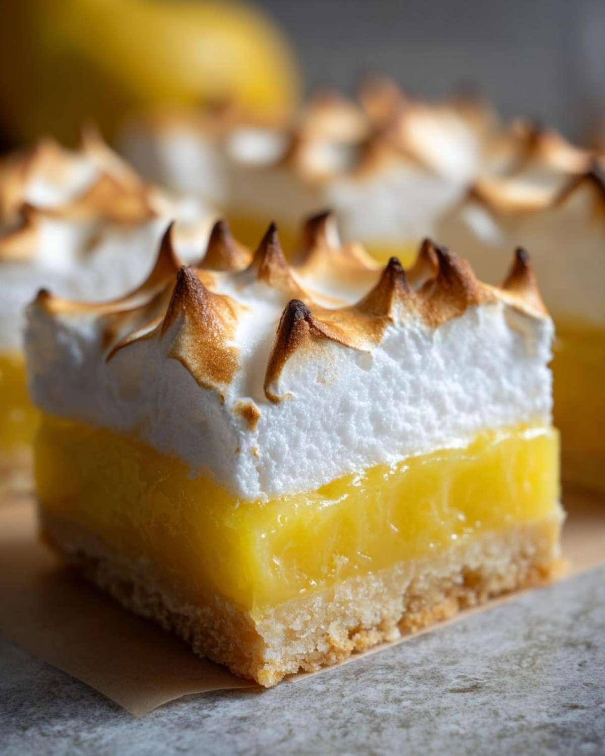 A close-up of a single square of Lemon Meringue Pie Bars showing the crust, bright yellow filling, and torched meringue topping.