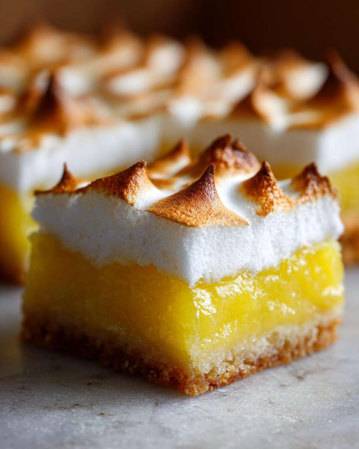 A single, thick square of Lemon Meringue Pie Bars showing a buttery crust, bright yellow lemon filling, and peaks of toasted meringue.
