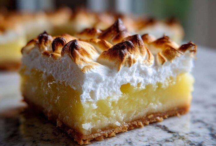 A thick slice of Lemon Meringue Pie Bars showing the crust, bright yellow filling, and toasted meringue topping.