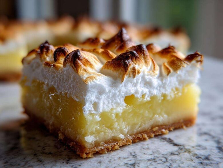 A thick slice of Lemon Meringue Pie Bars showing the crust, bright yellow filling, and toasted meringue topping.