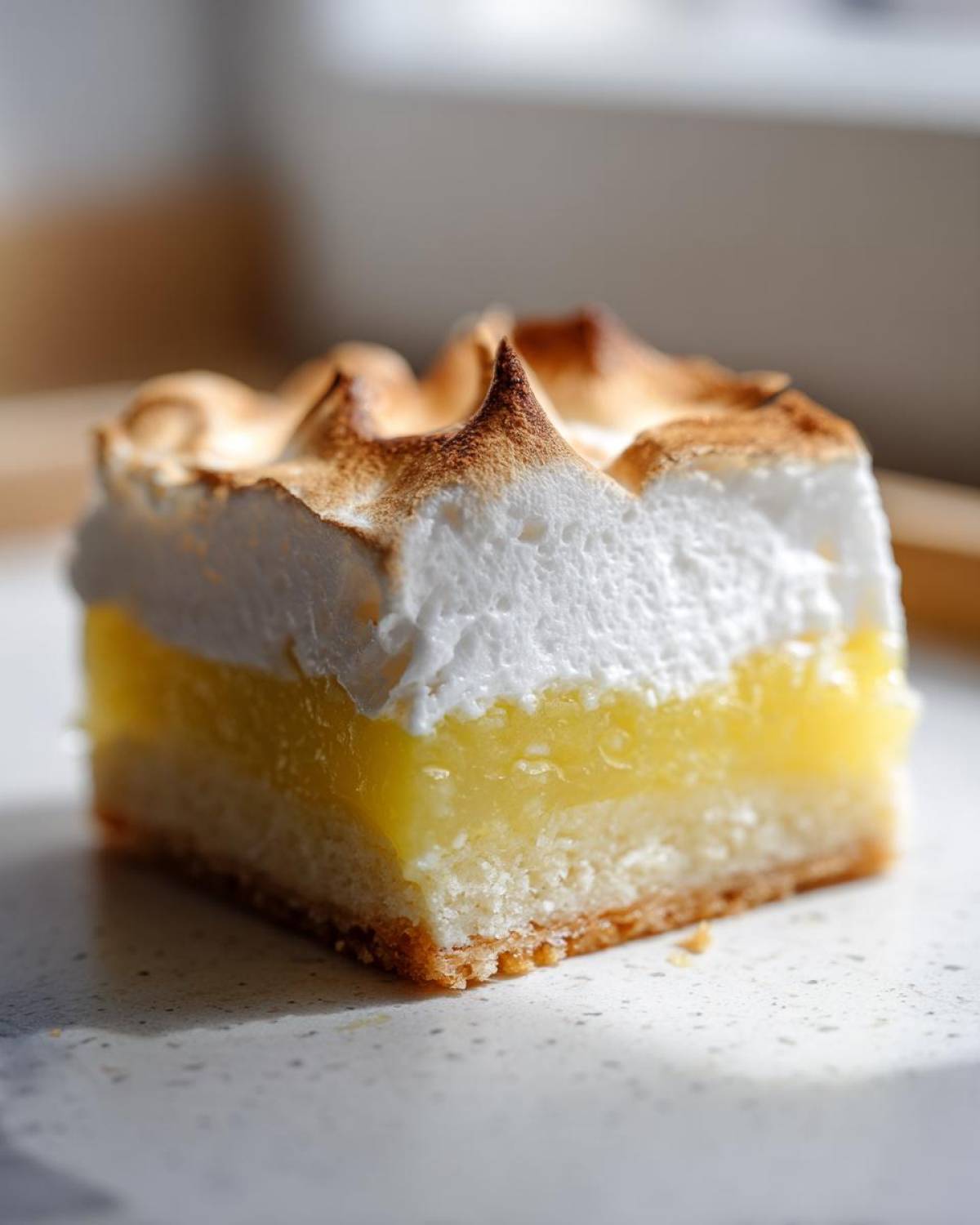 Close-up of a single serving of Lemon Meringue Pie Bars showing crust, bright yellow lemon filling, and toasted meringue topping.