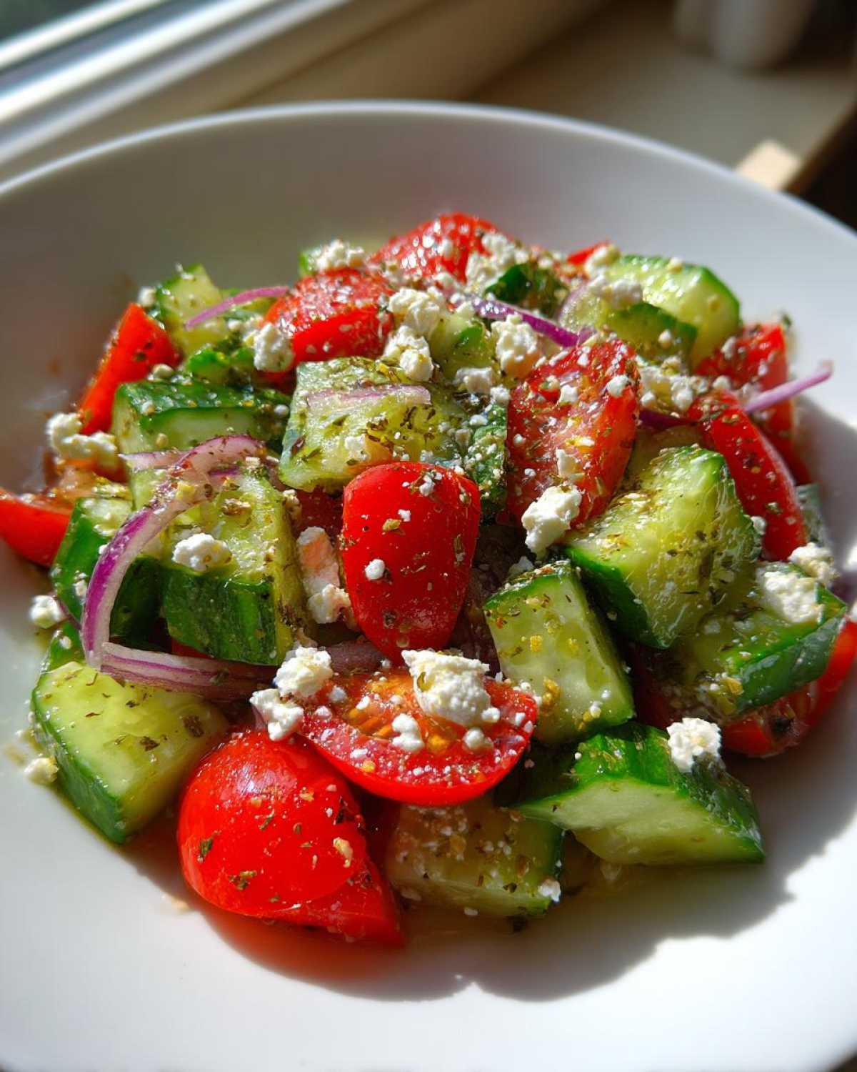 Close-up of a fresh Mediterranean Cucumber Tomato Salad with feta cheese and herbs, glistening in sunlight.