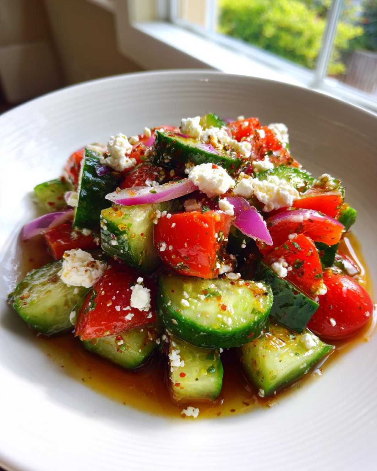 Close-up of Mediterranean Cucumber Tomato Salad featuring chunks of cucumber, tomato, red onion, and crumbled feta cheese in a light dressing.