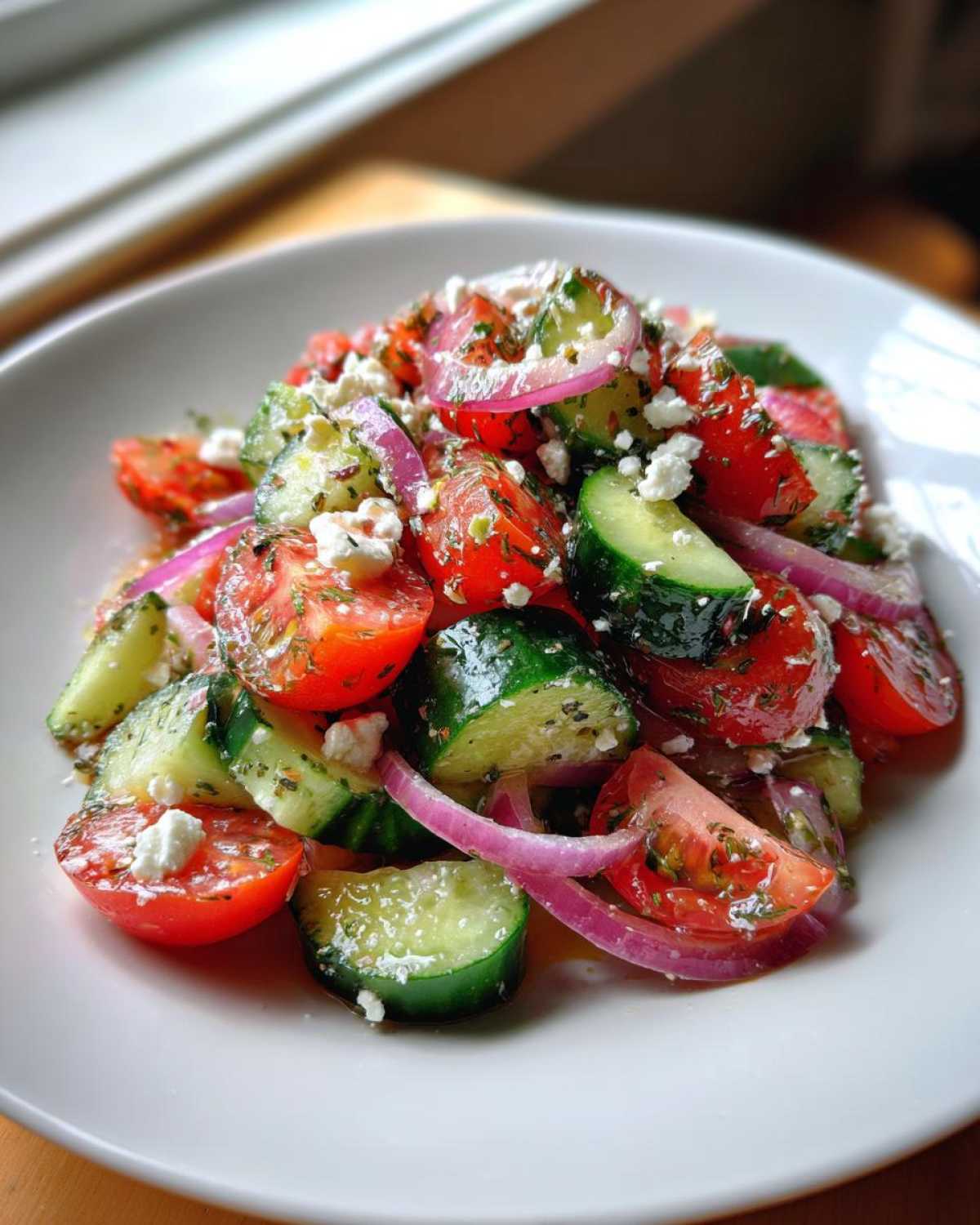 Close-up of fresh Mediterranean Cucumber Tomato Salad with feta cheese, red onion, and herbs.