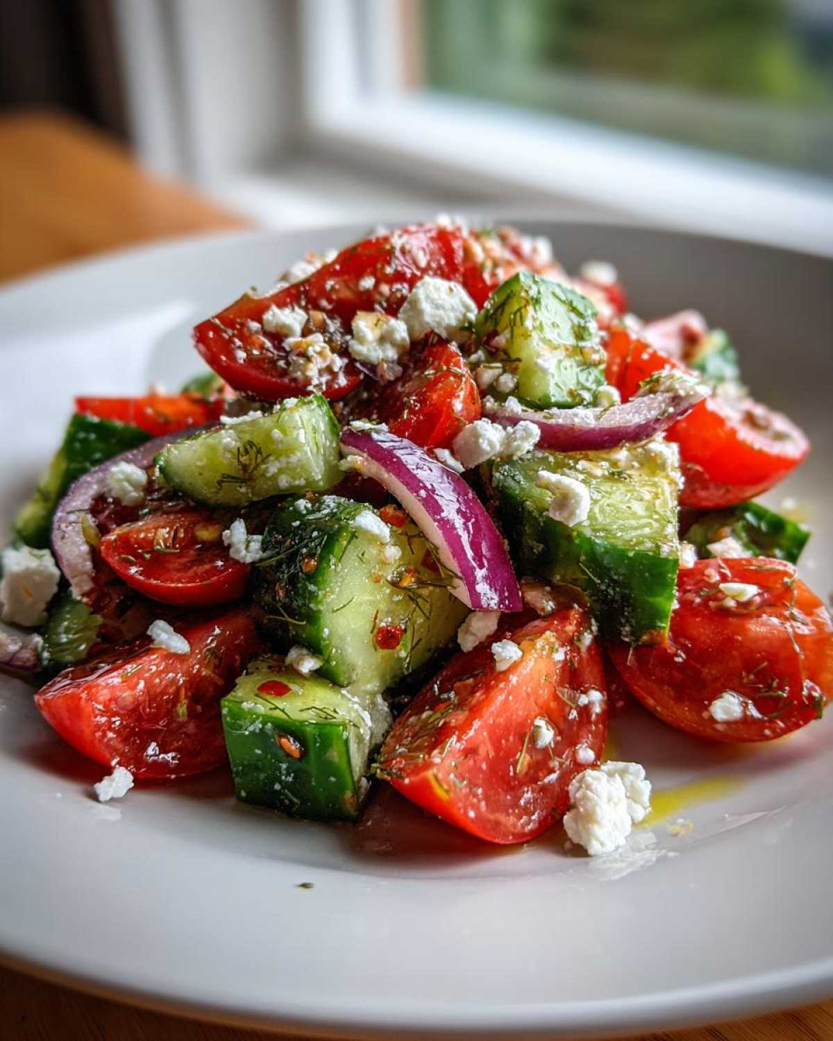 Close-up of chunky Mediterranean Cucumber Tomato Salad mixed with red onion, feta cheese, and herbs.