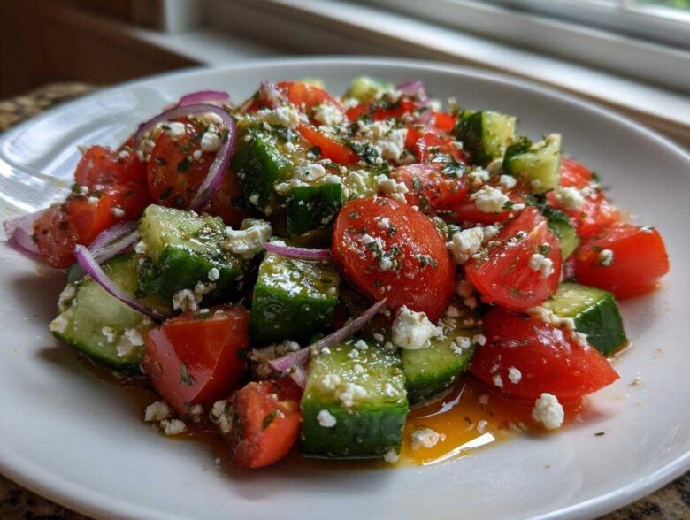 A close-up of fresh Mediterranean Cucumber Tomato Salad featuring chopped tomatoes, cucumbers, red onion, and crumbled feta cheese.
