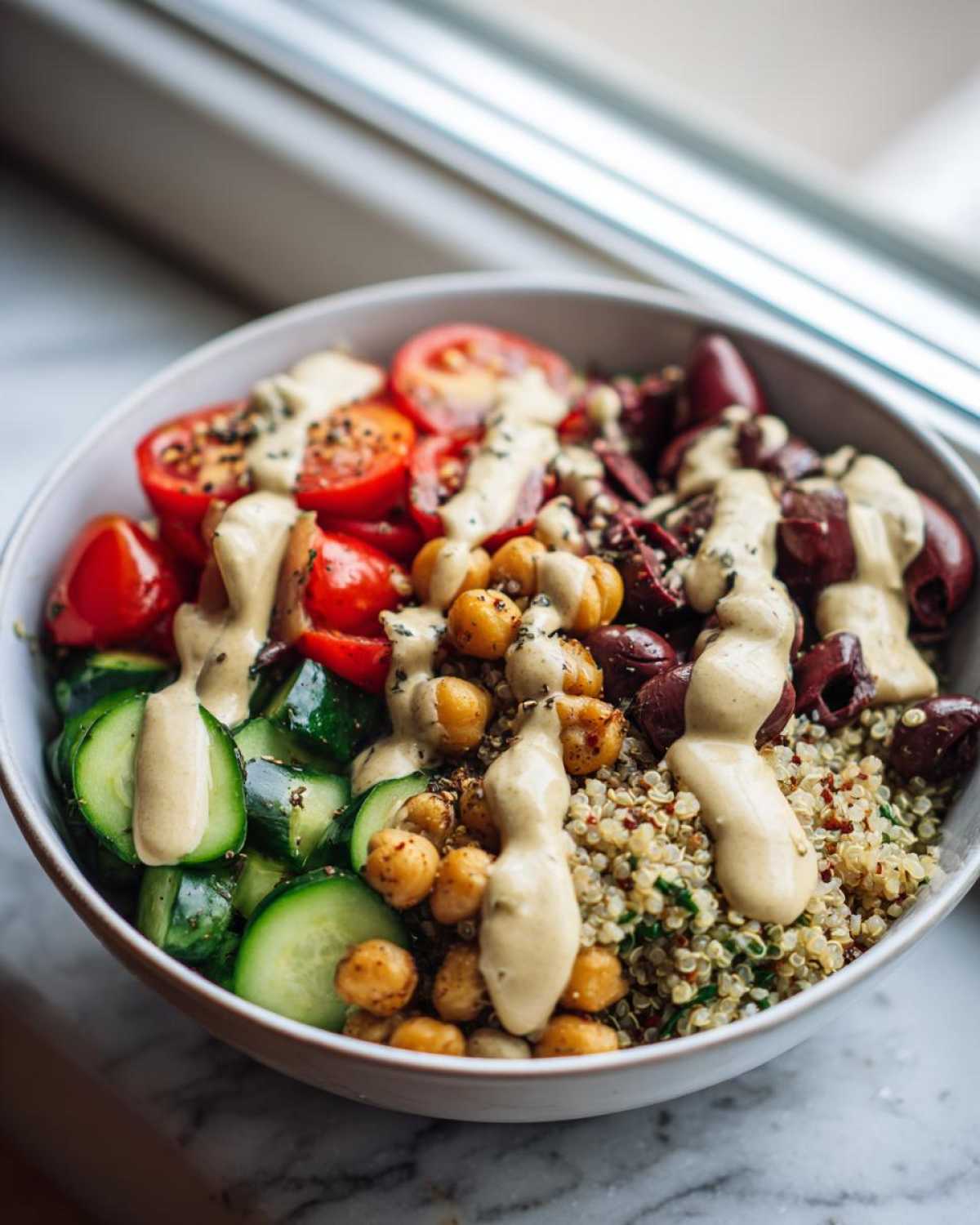 Close-up of a vibrant Mediterranean Quinoa Bowl topped with cucumber, tomatoes, chickpeas, olives, and lemon tahini sauce.