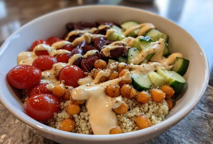 Close-up of a vibrant Mediterranean Quinoa Bowl featuring quinoa, cherry tomatoes, cucumbers, olives, roasted chickpeas, and drizzled with lemon tahini sauce.