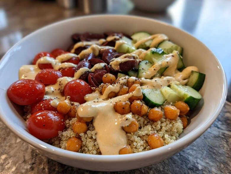 Close-up of a vibrant Mediterranean Quinoa Bowl featuring quinoa, cherry tomatoes, cucumbers, olives, roasted chickpeas, and drizzled with lemon tahini sauce.