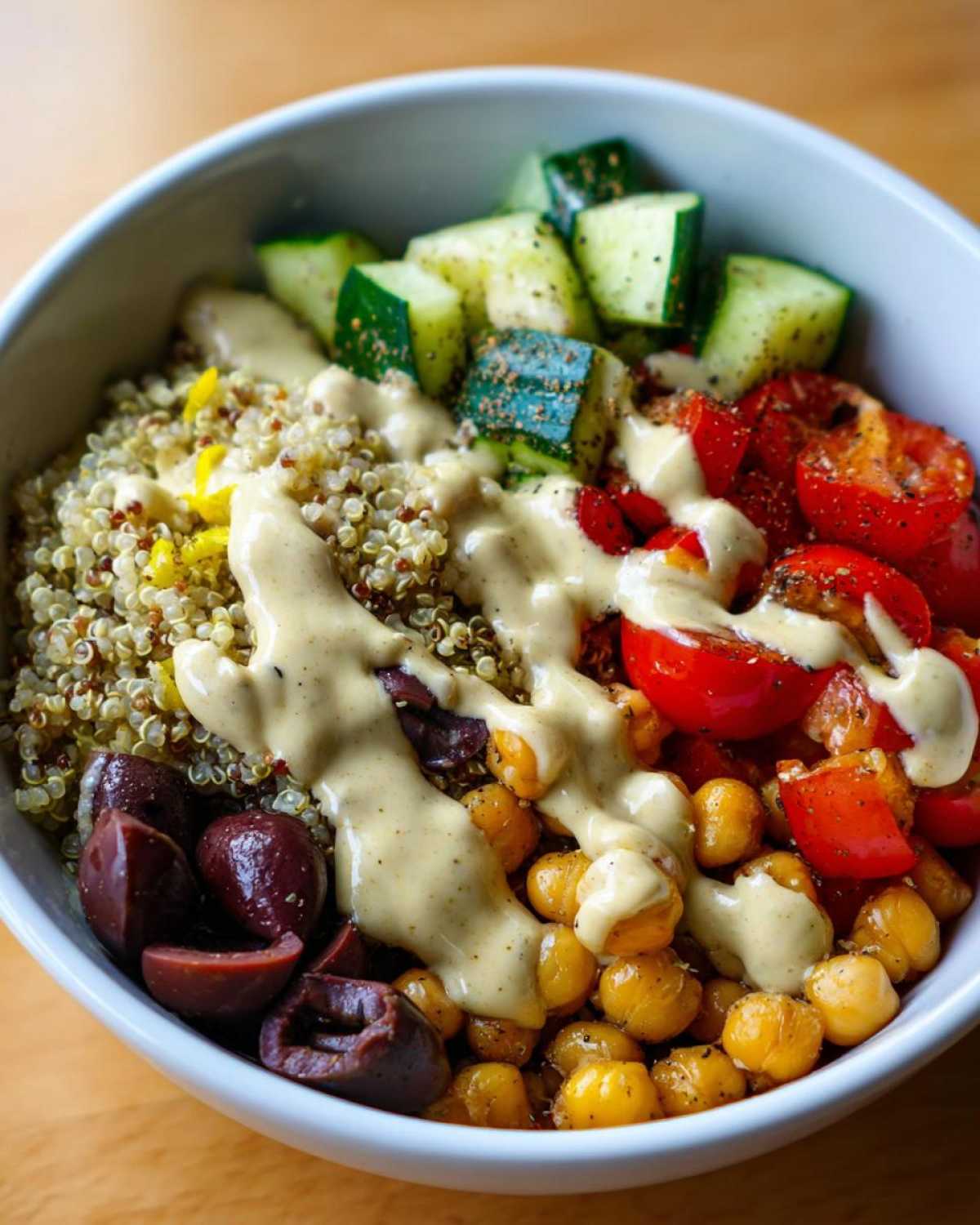 A vibrant Mediterranean Quinoa Bowl featuring quinoa, chickpeas, cucumbers, tomatoes, olives, and a generous drizzle of lemon tahini sauce.