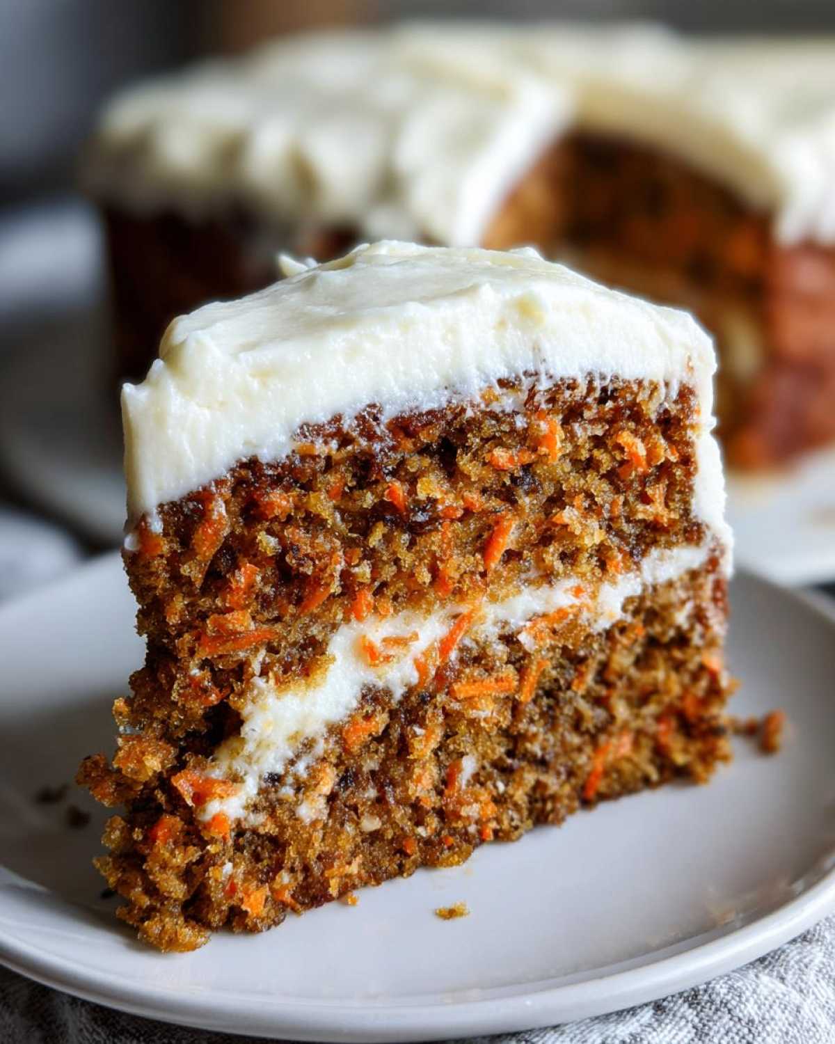 A close-up slice of Moist Carrot Cake with Cream Cheese Frosting showing visible shredded carrots and thick layers of white frosting.