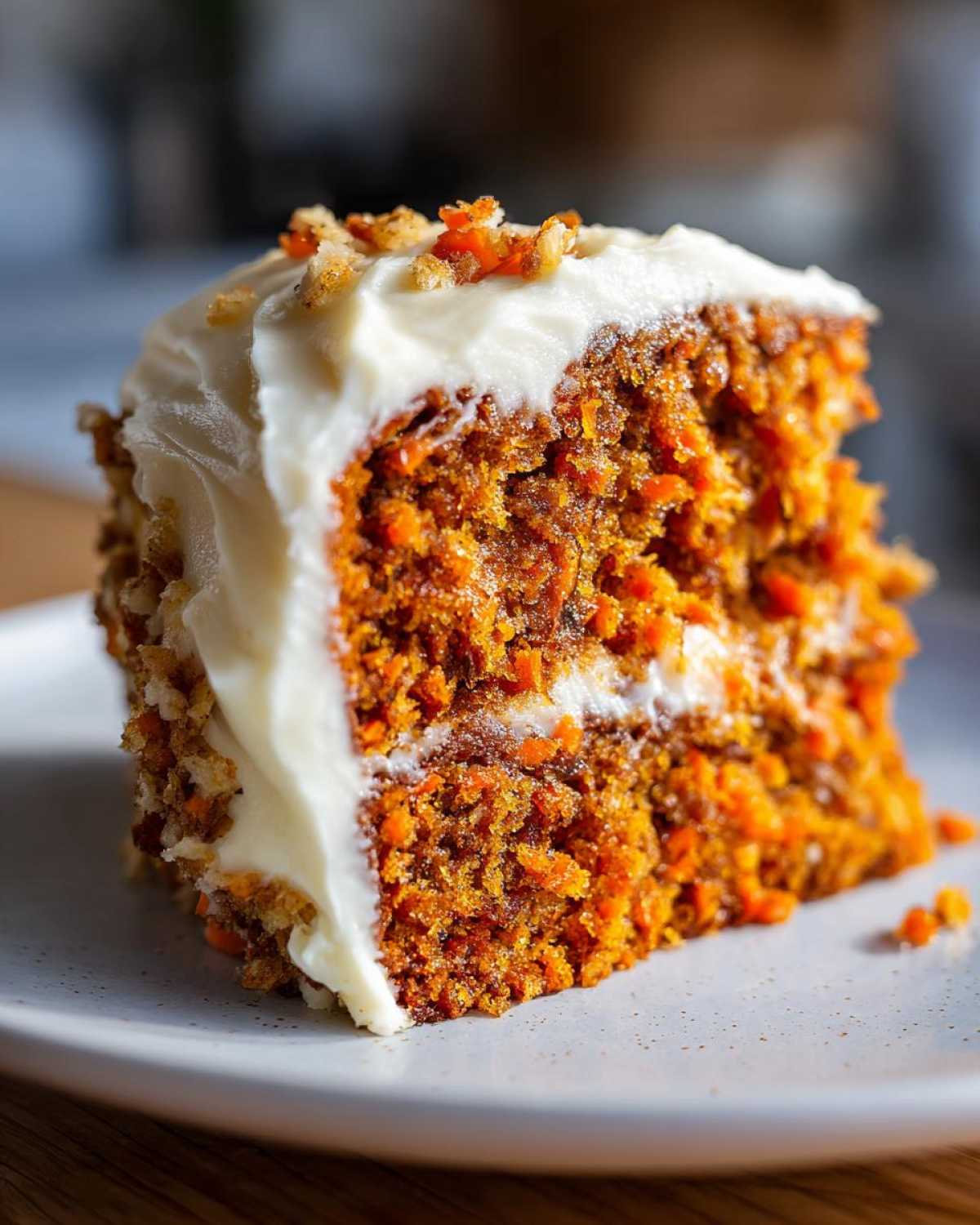 Close-up of a thick slice of Moist Carrot Cake with Cream Cheese Frosting, showing its texture.