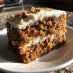 Close-up of a moist carrot cake slice layered with cream cheese frosting and topped with walnuts.