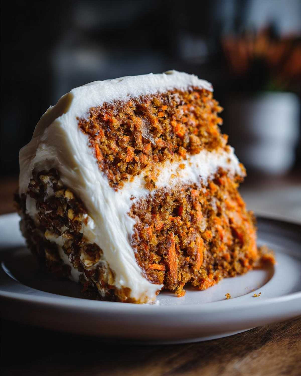 Close-up of a thick slice of Moist Carrot Cake with Cream Cheese Frosting, showing rich texture and nuts.