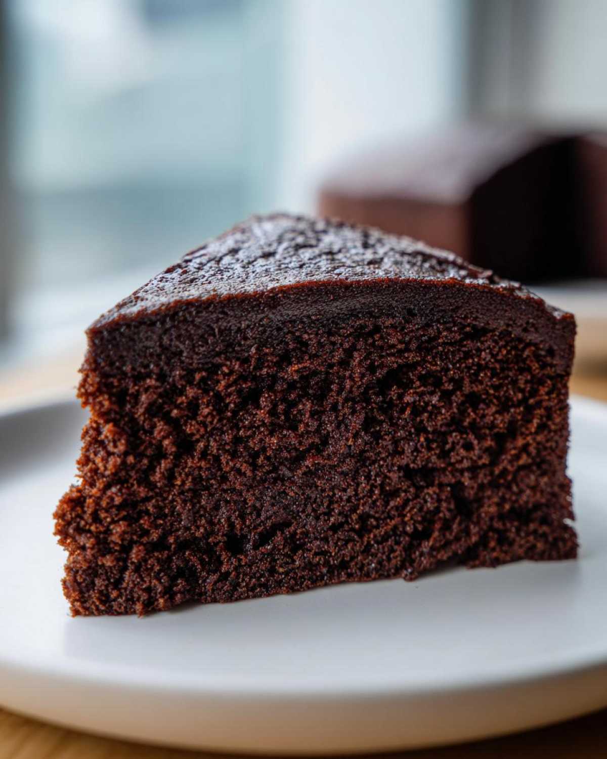 Close-up of a rich, dark slice of Gluten-Free Chocolate Cake on a white plate.