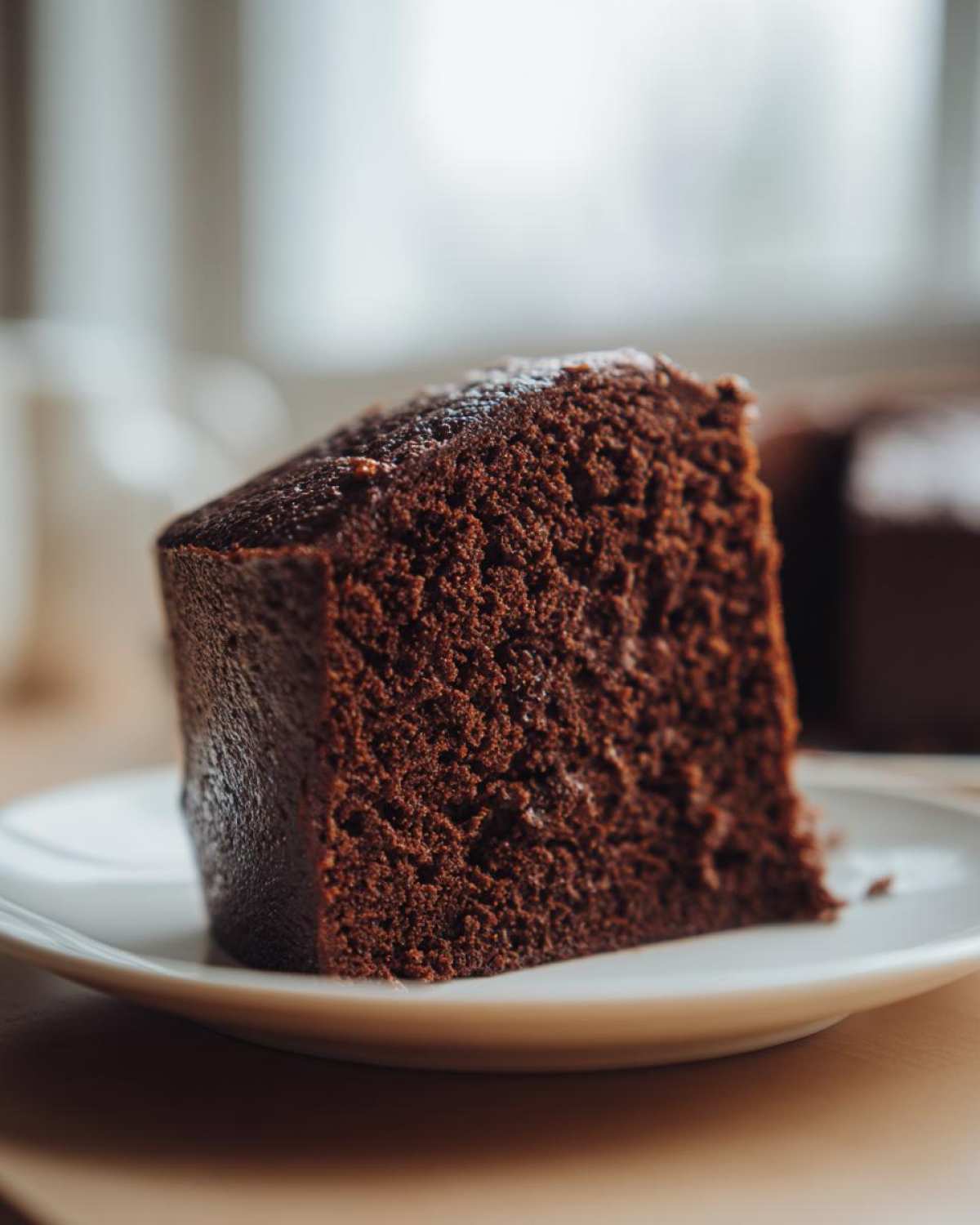 A close-up of a moist, dark slice of Gluten-Free Chocolate Cake served on a white plate.