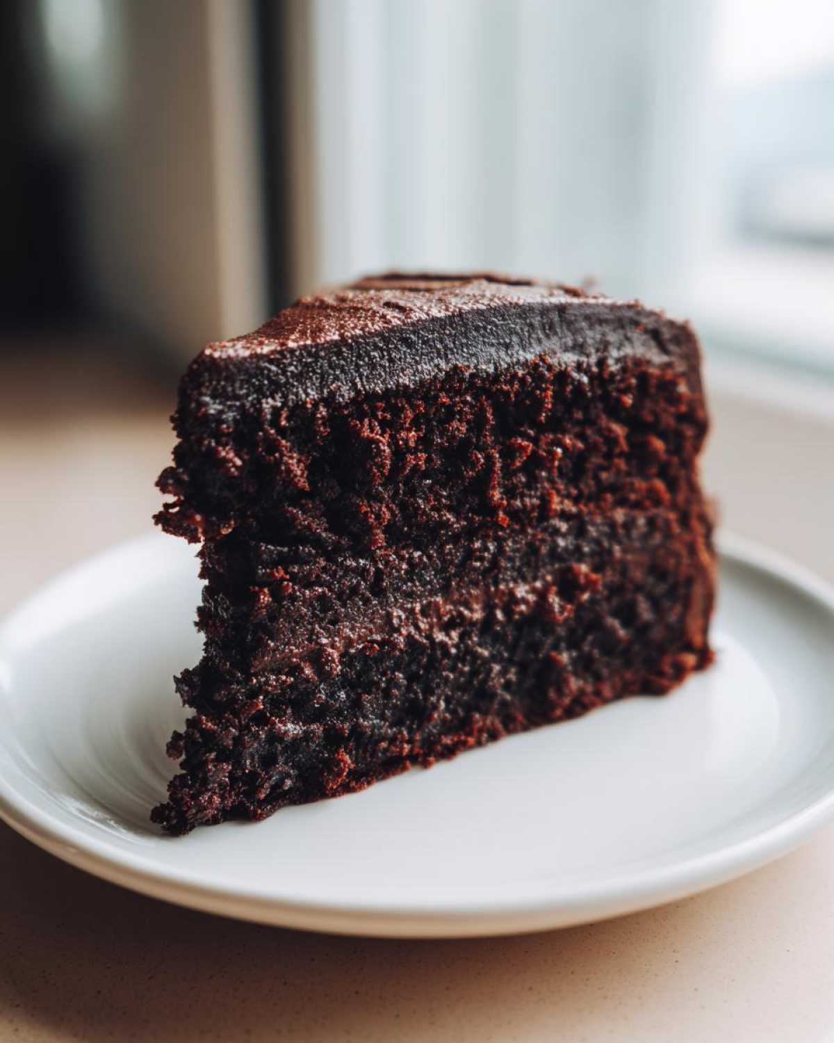 Close-up of a rich, dark slice of Gluten-Free Chocolate Cake with frosting on a white plate.