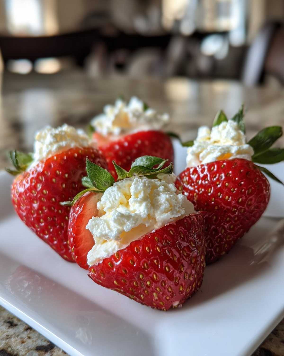 Four bright red strawberries filled with creamy white No-Bake Cheesecake Stuffed Strawberries filling and topped with whipped cream.