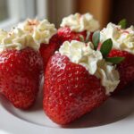 Four vibrant red strawberries filled with creamy white filling, resembling No-Bake Cheesecake Stuffed Strawberries, served on a white plate.