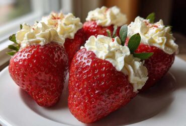 Four vibrant red strawberries filled with creamy white filling, resembling No-Bake Cheesecake Stuffed Strawberries, served on a white plate.