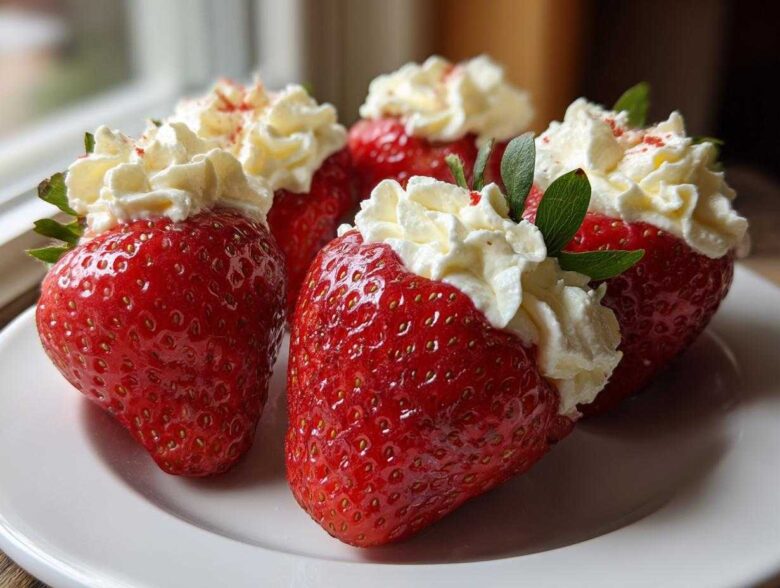 Four vibrant red strawberries filled with creamy white filling, resembling No-Bake Cheesecake Stuffed Strawberries, served on a white plate.