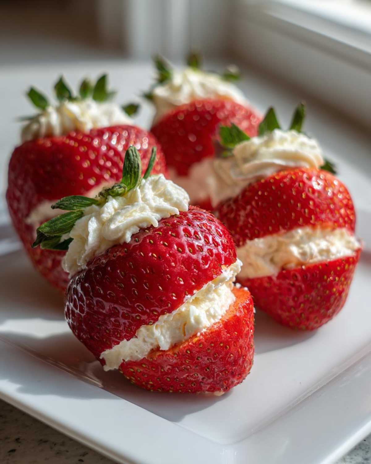 Close-up of fresh No-Bake Cheesecake Stuffed Strawberries, filled with cream and topped with mint.