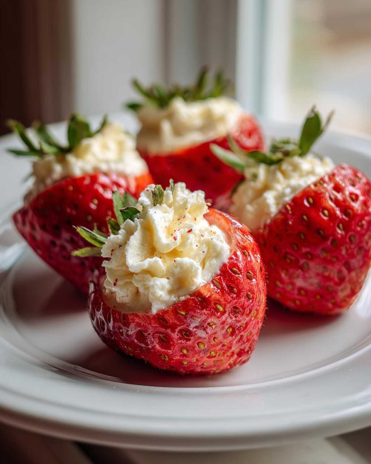 Four bright red strawberries filled with creamy white No-Bake Cheesecake Stuffed Strawberries mixture on a white plate.