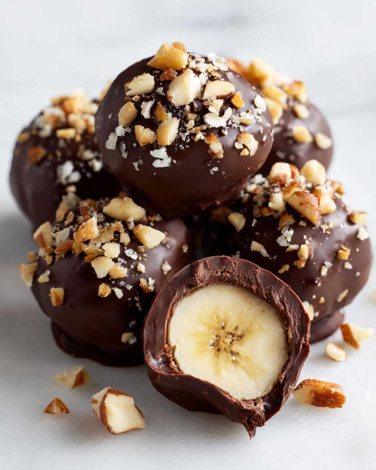 A pile of No-Bake Chocolate Covered Banana Bites topped with chopped nuts, one is cut open showing the banana center.
