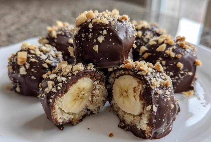 Close-up of No-Bake Chocolate Covered Banana Bites, cut in half showing banana center and topped with chopped nuts.