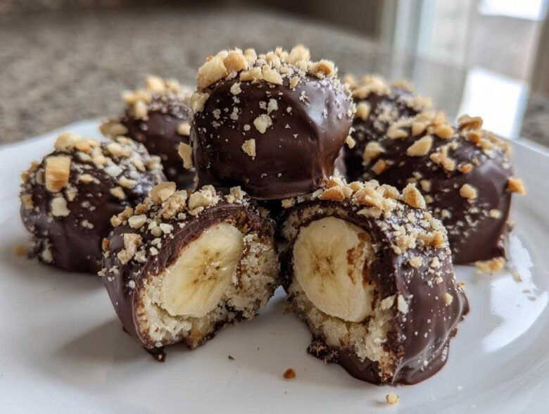 Close-up of No-Bake Chocolate Covered Banana Bites, cut in half showing banana center and topped with chopped nuts.