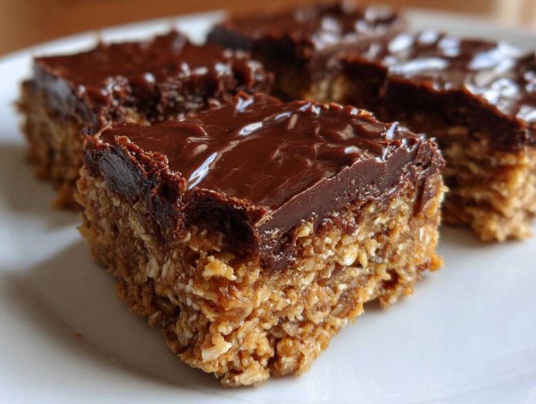 Close-up of thick, layered No-Bake Chocolate Peanut Butter Oat Bars with a shiny chocolate topping.