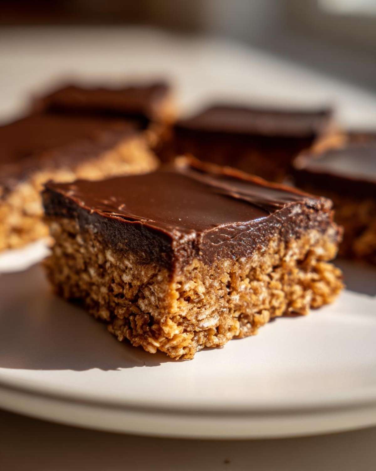 A close-up of a square No-Bake Chocolate Peanut Butter Oat Bars slice showing the textured oat base and thick chocolate topping.