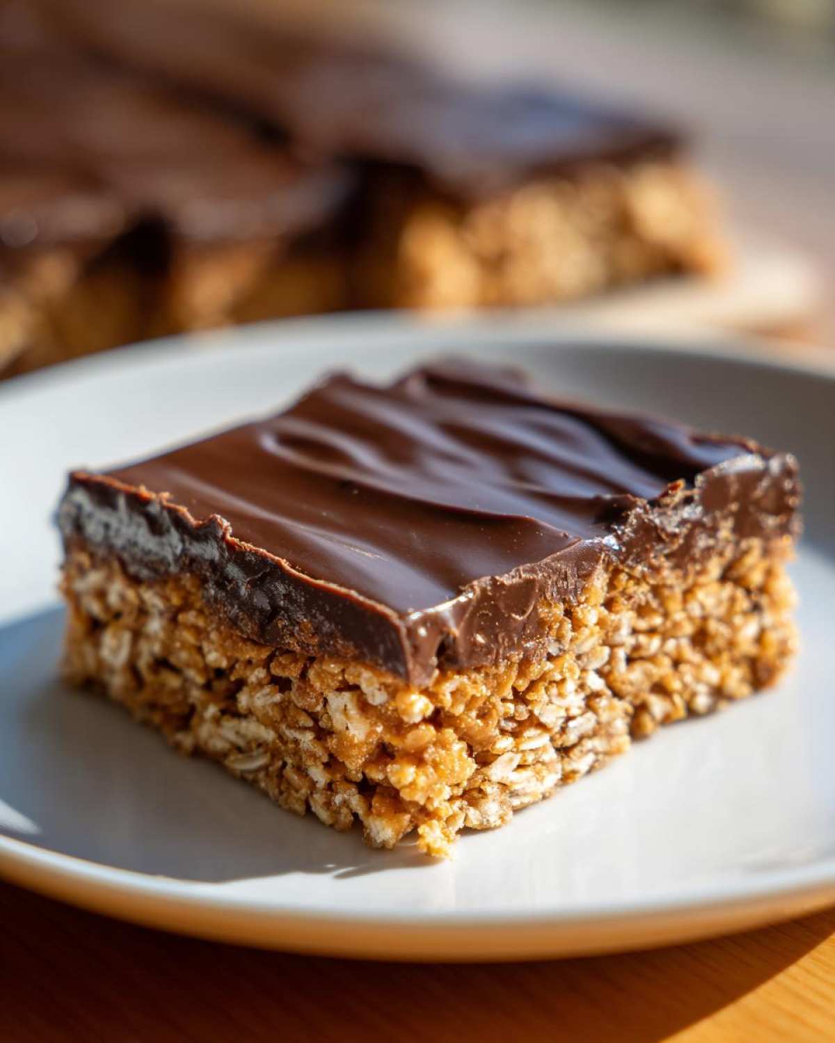 A close-up of a square No-Bake Chocolate Peanut Butter Oat Bars slice with a thick chocolate topping on a white plate.